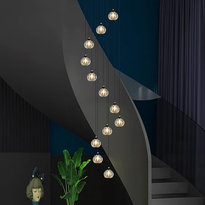Weesalife Crystal Chandeliers for Staircases, 12-Light Black Modern Chandeliers for High Ceilings，Crystal Pendant Light Fixture for Living Room Kitchen Island Foyer Hallway Bar