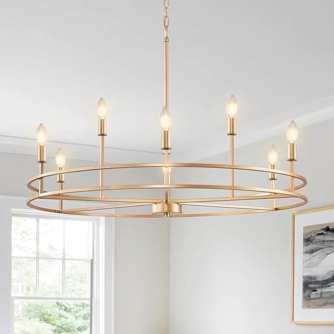 Brushed Gold Chandelier Light Fixture 9-Light Round Dining Room Chandelier Over Table Brass Chandeliers Lighting for Master Bedroom 35in Metal Chandeliers for Living Room Foyer Bathroom