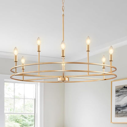 Brushed Gold Chandelier Light Fixture 9-Light Round Dining Room Chandelier Over Table Brass Chandeliers Lighting for Master Bedroom 35in Metal Chandeliers for Living Room Foyer Bathroom