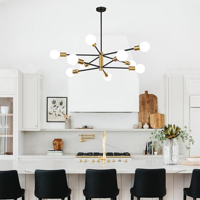 32" Modern Chandelier Ceiling Light Fixture, 10-Light Sputnik Chandeliers Brushed Gold and Black Dining Room Light Fixture, Height Adjustable Chandeliers for Dining Room Living (Bulbs Not Included)