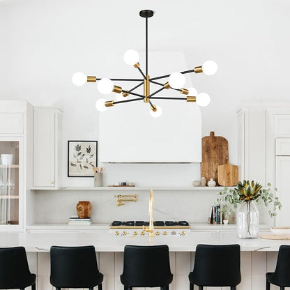 32" Modern Chandelier Ceiling Light Fixture, 10-Light Sputnik Chandeliers Brushed Gold and Black Dining Room Light Fixture, Height Adjustable Chandeliers for Dining Room Living (Bulbs Not Included)