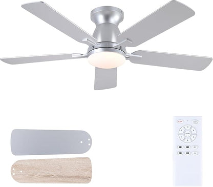 Mpayel 46 Inch Ceiling Fans with Lights and Remote, Silver Ceiling Fan with Light Flush Mount, Low Noise, Reversible, Dimmable, Modern Low Profile Ceiling Fan with Light for Bedroom Indoor Outdoor