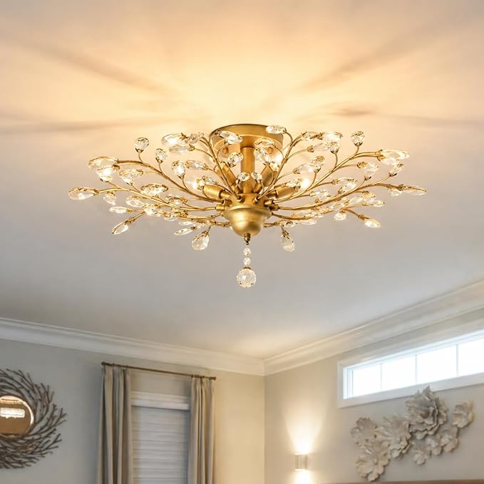 Garwarm Vintage K9 Clear Crystal Chandeliers Ceiling Lights Crystal Pendant Lighting Ceiling Light Fixtures Chandeliers Lighting for Living Room Bedroom Restaurant Porch Chandelier (5 Light,Gold)