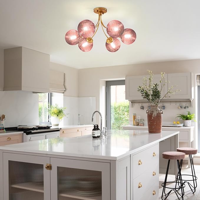 Modern Pink Chandelier 6-Lights Gold Ceiling Pendant Light with Striped Glass Shades Large Globe Chandelier Mid Century Flush Mount Ceiling Light Fixture for Dining Room Living Room