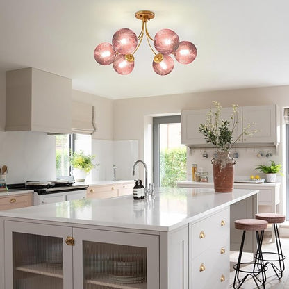 Modern Pink Chandelier 6-Lights Gold Ceiling Pendant Light with Striped Glass Shades Large Globe Chandelier Mid Century Flush Mount Ceiling Light Fixture for Dining Room Living Room