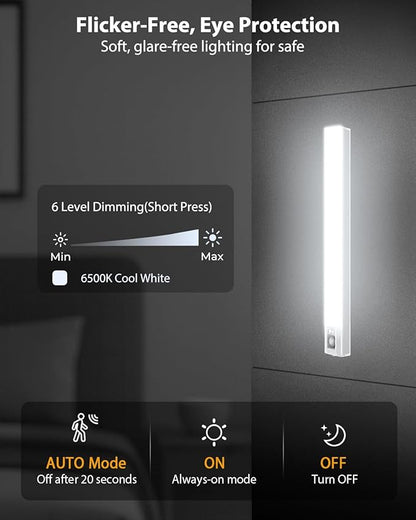 10inch Under Cabinet Lighting, 68 LED Rechargeable Motion Sensor Light Indoor, 6 Levels Dimmable Magnetic Closet Lights, Wireless Under Counter Lights for Kitchen, Stairs, Bedroom, 2-Pack Daylight