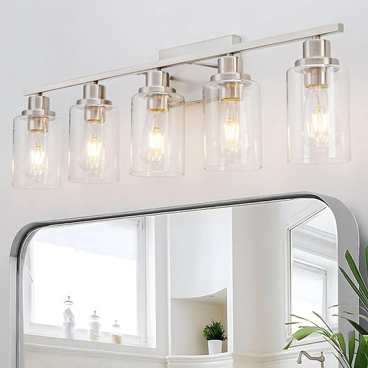 5 Light Bathroom Light Fixtures Brushed Nickel Vanity Light Over Mirror Modern Farmhouse Wall Lighting Sconces Wall Lamp for Bathroom, Bedroom, Living Room E26 Socket with Glass Shade