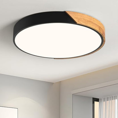 Modern LED Ceiling Light, Minimalist Wood Flush Mount Ceiling Light Fixture, 4000K Not Dimmable, Circle Lighting Lamp with Acrylic Lampshade for Bedroom Dining Room Laundry (Black,15.8")