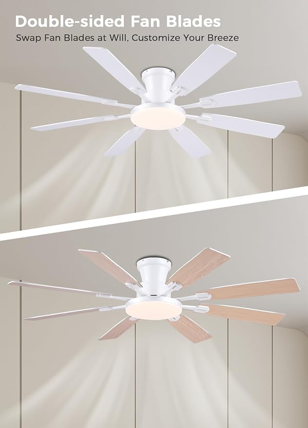 JSAITEE 60Inch Ceiling Fan with Lights and Remotes, Large Low Profile Flush Mount Ceiling Fans,DC Reversible Motor, 3CCT Dimmable,Noiseless,Dual Finish, White 6 Speeds Ceiling Fan for Indoor/Outdoor