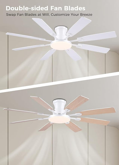 JSAITEE 60Inch Ceiling Fan with Lights and Remotes, Large Low Profile Flush Mount Ceiling Fans,DC Reversible Motor, 3CCT Dimmable,Noiseless,Dual Finish, White 6 Speeds Ceiling Fan for Indoor/Outdoor