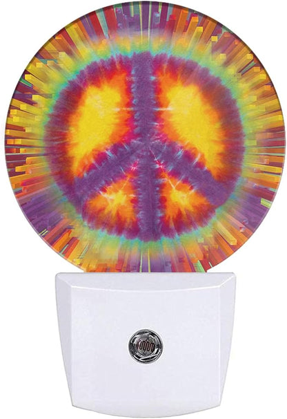 Peace Sign Tie Dye Night Lights Plug into Wall Yellow Colorful Circle Plug-in Nightlight Auto on/Off Dim Light Sleep Friendly for Home Decor & Holiday Gifts for Family Friends