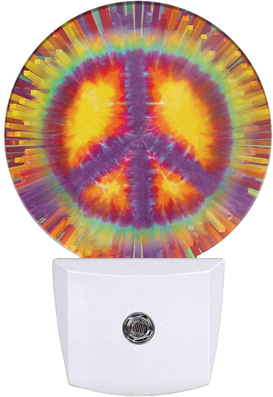 Peace Sign Tie Dye Night Lights Plug into Wall Yellow Colorful Circle Plug-in Nightlight Auto on/Off Dim Light Sleep Friendly for Home Decor & Holiday Gifts for Family Friends
