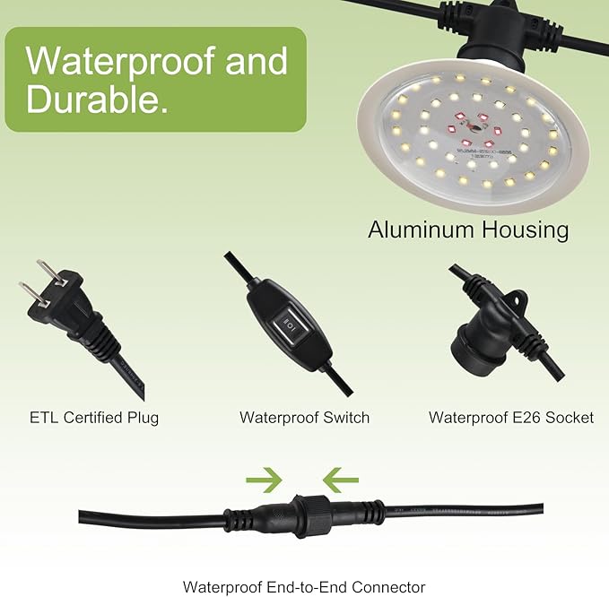 Outdoor Grow Lights for Plants, Full Spectrum Greenhouse Grow Light, Outdoor Waterproof Appearance Patent Design, 22FT Adjustable Cord for Vegetables, Seedlings, Flowers (6 Lights)