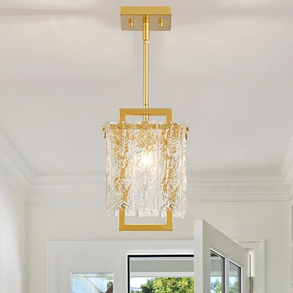 Shrine Lighting Gold Chandeliers, Modern Glass Pendnat Light for Dining Room, D6.3''×H19.5'', Adjustable 50.8'', 1 x E12 Sockets, Glass LampShade & Gold Finish Frame