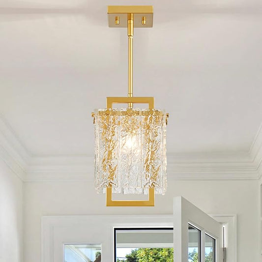 Shrine Lighting Gold Chandeliers, Modern Glass Pendnat Light for Dining Room, D6.3''×H19.5'', Adjustable 50.8'', 1 x E12 Sockets, Glass LampShade & Gold Finish Frame