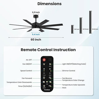 60 Inch Ceiling Fans with Lights and Remote, Dual Color 6 Blades, Bedroom Living Room Office Library Cafe Outdoor Industrial, 3CCT Dimmable, 6 Speed Reversible Quiet DC Motor, Black/Wood Grain