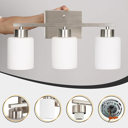 FonmYim Brushed Nickel Bathroom Light Fixtures, 3-Light Modern Vanity Light Over Mirror, Wall Sconces with Milky White Frosted Glass Shades, E26 Socket (Bulbs Not Included)