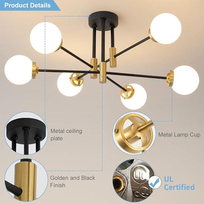 Biewalk Sputnik Ceiling Light Fixture 6 Light Sputnik Chandeliers, Black and Gold Chandelier Light Fixture with Milk White Glass Shade for Living Room Kitchen Bedroom Dining Room (E26 Bulb Excluded)
