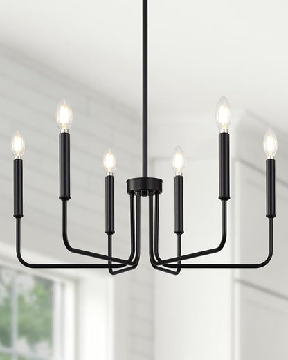 Yunnix 6 Light Matte Black Chandelier Modern Farmhouse Chandelier for Dining Room Light Fixtures Ceiling Hanging, Iron Chandelier for Bedroom, Foyer, Entryway, Kitchen, Living Room and Entryway
