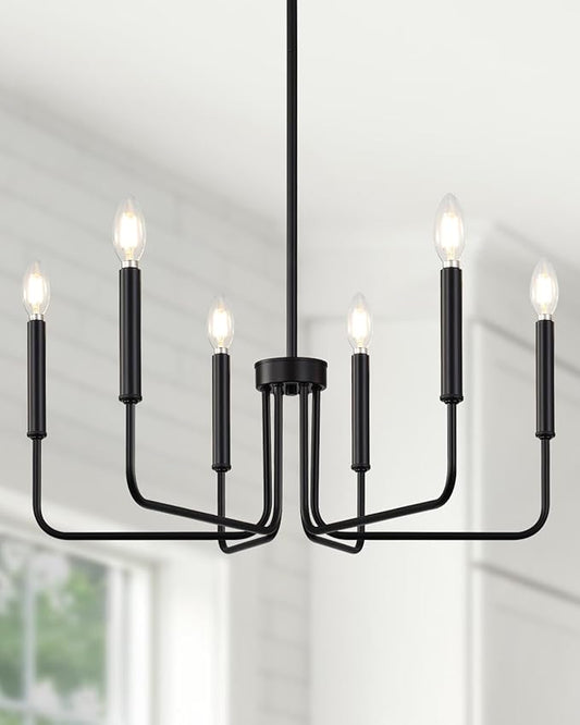 Yunnix 6 Light Matte Black Chandelier Modern Farmhouse Chandelier for Dining Room Light Fixtures Ceiling Hanging, Iron Chandelier for Bedroom, Foyer, Entryway, Kitchen, Living Room and Entryway