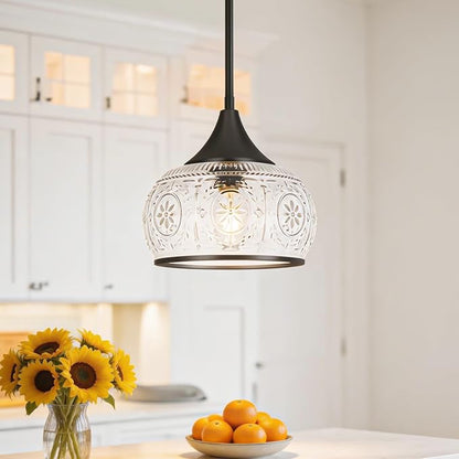 Black Pendant Light - Modern Pendant Lights Kitchen Island with Handblown Glass, Vintage Hanging Light for Kitchen with Adjustable Height, Lithging Fixture for Dining Room Sink