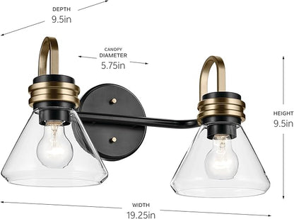 Kichler Farum 19.25" 2-Light Bathroom Vanity Light Fixture with Clear Glass in Black, Modern Wall Mount Light for Vanity Mirror Over Sink (19.25" W x 9.5" H), 55154BKCLR