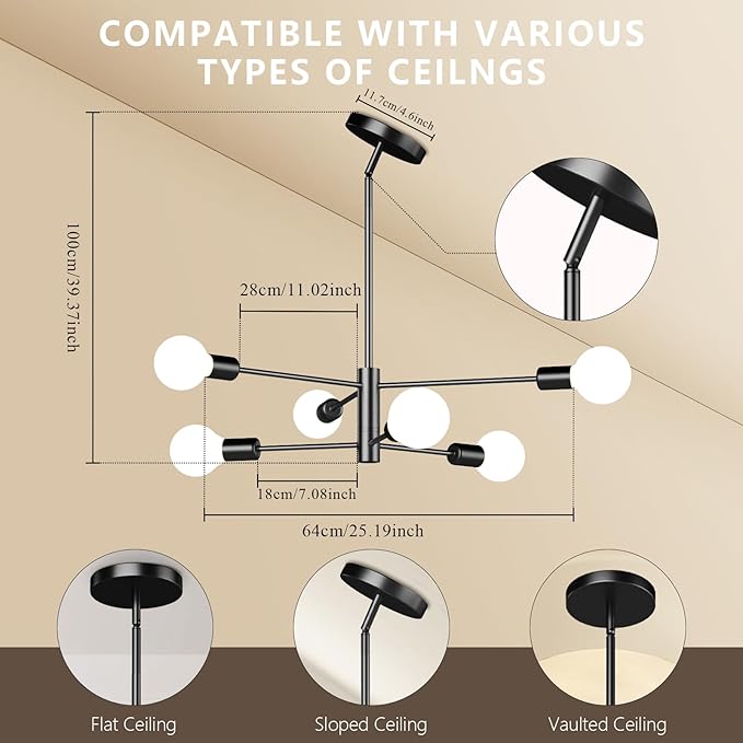 6-Light Modern Sputnik Chandelier, E26 Base Branch Height Adjustable,Mid Century Chandelier Pendant Light for Dining Room Hallway Bedroom Foyer Living Room Kitchen (Bulbs Not Included)