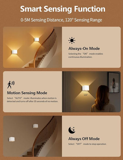 Battery Operated Wall Lamps with Motion Sensor, 6000mAh LED Rechargeable Wireless Sconce with Remote Control, Stepless Dimming, 2700-6500K, Adjustable Beam Angle, White Wall Lights for Hallway, 4-Pack