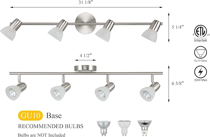 XiNBEi Lighting Track Light, Modern Fixed Rail Lighting with Glass, 4 Light Kitchen Ceiling Light Brushed Nickel XB-TR1237-4-BN