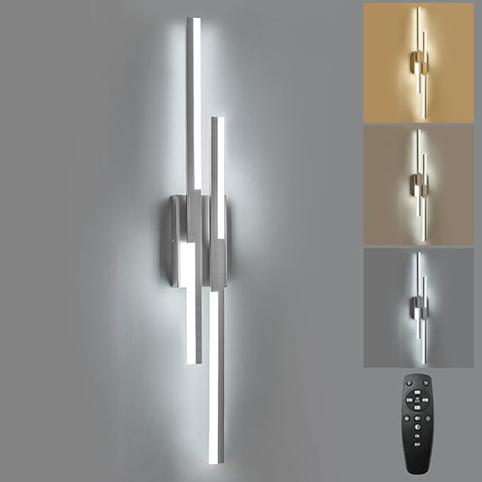 Benkut Modern LED Wall Sconce Silver Remote Wall Light Fixtures for Bathroom, Dimmable Vanity Light Indoor LED Remote Wall Sconce for Living Dining Room Bedside Bedroom(3000-6500K 35.4inch)