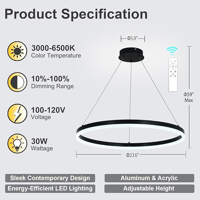 Modern LED Chandelier Black High Ceiling Ring Chandeliers with Remote Control Circular Pendant Light Dimmable for Dining Room Living Room Bedroom Hallway Kitchen Island(3000K-6500K D23.6)