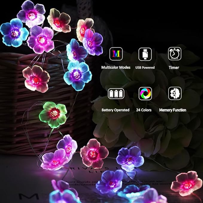 OMIKA Multicolor Flower Lights Cherry Blossom String Lights Battery Operated & USB Powered, 13ft 40LED Fairy Lights with Remote Timer Decorative Lights for Nursery Girls Bedroom Dorm Wedding Décor