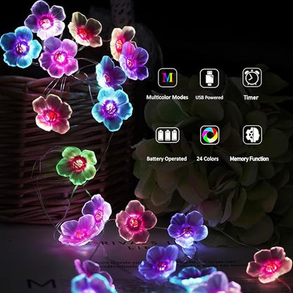 OMIKA Multicolor Flower Lights Cherry Blossom String Lights Battery Operated & USB Powered, 13ft 40LED Fairy Lights with Remote Timer Decorative Lights for Nursery Girls Bedroom Dorm Wedding Décor