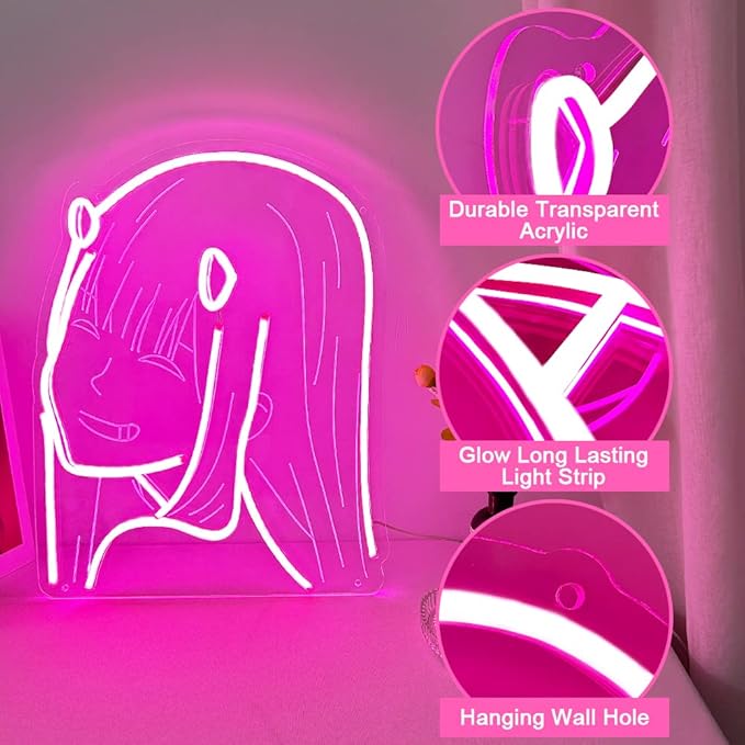 Japanese Anime Neon Sign for Girls Room, Dimmable Darling in The Franxx Zero Two for Light Wall Art Decor, Handmade Pink Neon Sign Funny for Bedroom, Birthday, Valentine's Day Grifts