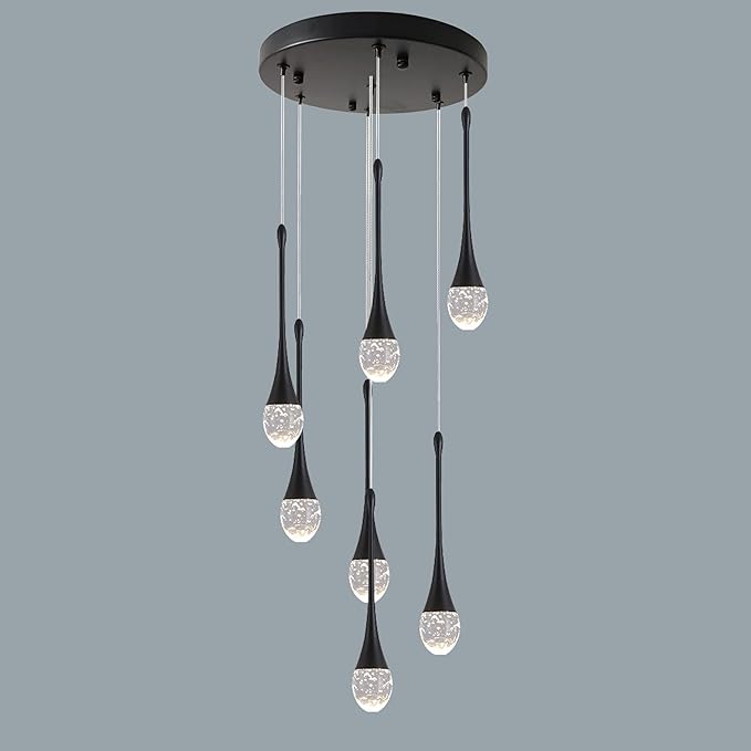 Modern Crystal Chandelier 7-Lights Black, H60'' High Ceiling Spiral Dimmable LED Bubble Crystal Raindrop Light Fixture for Foyer Entryway Dining Room Remote Control