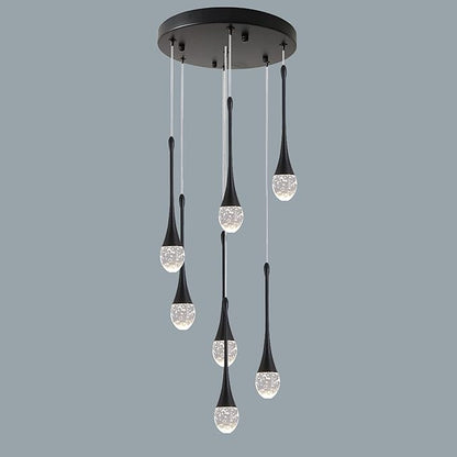 Modern Crystal Chandelier 7-Lights Black, H60'' High Ceiling Spiral Dimmable LED Bubble Crystal Raindrop Light Fixture for Foyer Entryway Dining Room Remote Control