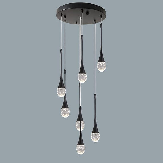Modern Crystal Chandelier 7-Lights Black, H60'' High Ceiling Spiral Dimmable LED Bubble Crystal Raindrop Light Fixture for Foyer Entryway Dining Room Remote Control