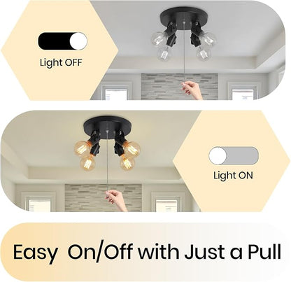 4 Light Flush Mount Ceiling Light with Pull Chain, Industrial Kitchen Ceiling Light with Rotatable Light Head,Black Pull Chain Ceiling Spotlight for Bedroom Hallway Kitchen Laundry