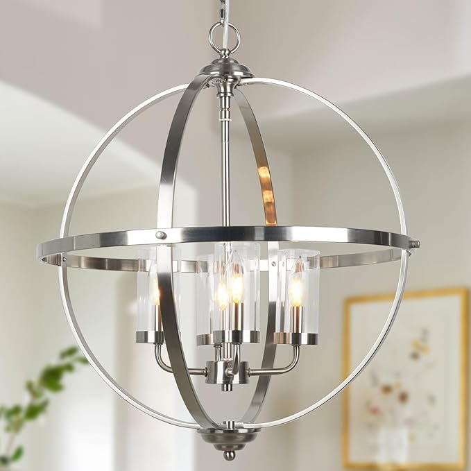 Treekee 20'' Globe Chandelier Brushed Nickel Chandeliers, 4-Light Modern Orb Chandelier, Luxurious Hanging Light Fixture with Glass Shade, Pendant Light for Dining Room Entryway Living Room