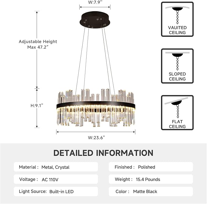 Modern Round Crystal Led Chandelier: 23.6" Black Contemporary K9 Crystals Large Chandeliers - Dimmable 3 Color Drum Ceiling Chandelier - Height Adjustable Circular Light Fixture for Bedroom Kitchen