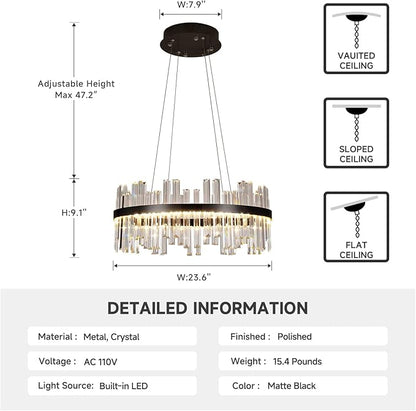 Modern Round Crystal Led Chandelier: 23.6" Black Contemporary K9 Crystals Large Chandeliers - Dimmable 3 Color Drum Ceiling Chandelier - Height Adjustable Circular Light Fixture for Bedroom Kitchen