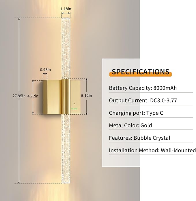 28” Battery Operated Wall Sconces Set of 2, 8000mAh Rechargeable Battery Powered Wall Light with No Hardwired, Extra Large Dimmable Led Lamp Fixtures for Bathroom Cabinet Study Room, Gold