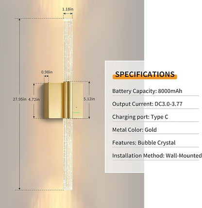 28” Battery Operated Wall Sconces Set of 2, 8000mAh Rechargeable Battery Powered Wall Light with No Hardwired, Extra Large Dimmable Led Lamp Fixtures for Bathroom Cabinet Study Room, Gold
