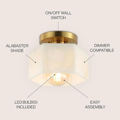 JONATHAN Y 8" Brass Gold Modern 1-Light Hexagonal LED Semi Flush Mount Ceiling Light, White Alabaster Marble Shade, Glam Lamp for Hallway, Bedroom, Bathroom, LED Bulb Included JYL1204A