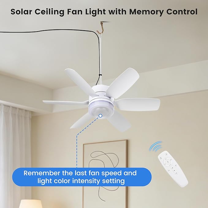 Fanspex 20.5'' Solar Rechargeable Ceiling Fan Light with Battery Backup, 25W Solar Powered Hanging Fans for Outdoor Gazebo, Chicken Coop, Greenhouse, Shed, Pet House