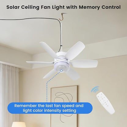 Fanspex 20.5'' Solar Rechargeable Ceiling Fan Light with Battery Backup, 25W Solar Powered Hanging Fans for Outdoor Gazebo, Chicken Coop, Greenhouse, Shed, Pet House