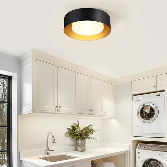 Yiisem Modern Black and Gold Flush Mount Ceiling Lights, Glass Round Ceiling Lighting, Minimalist Drum Close to Ceiling Light Fixtures for Bedroom, Dining Room, Bathroom, Hallways, Living Room