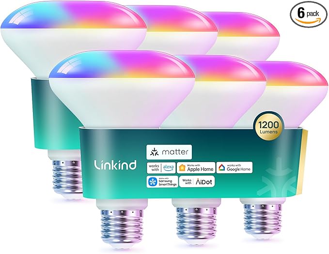 Linkind Matter Smart Light Bulb,1200LM BR30 Smart Flood Light Bulbs Compatible with Alexa, Apple Home, Google Home, RGBTW Recessed Color Changing Bulbs E26, 2.4GHz Only WiFi Light Bulbs LED, 6 Pack