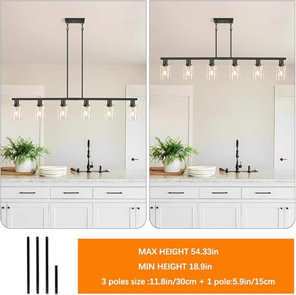Dining Room Light Fixture Over Table, Black 6-Light Kitchen Island Lighting with Glass Shade & Adjustable Rods, Farmhouse Linear Chandelier Pendant Light for Kitchen Living Room Breakfast Corner