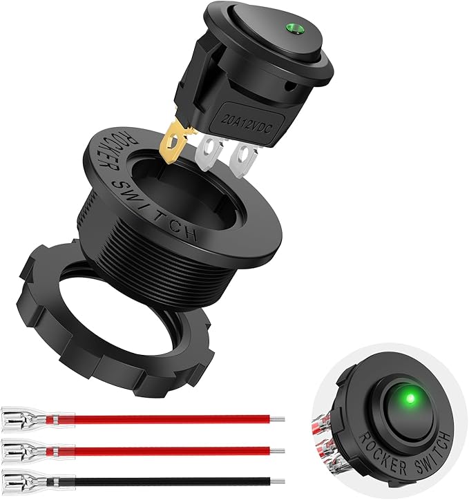 Nilight 1PC Round Rocker Switch with Shell 12V 24V 20A Green LED Toggle swtich with 16AWG Wires SPST 3Pin 2 Position for Car Truck Vehicle Boat Marine Rocker On Off Control